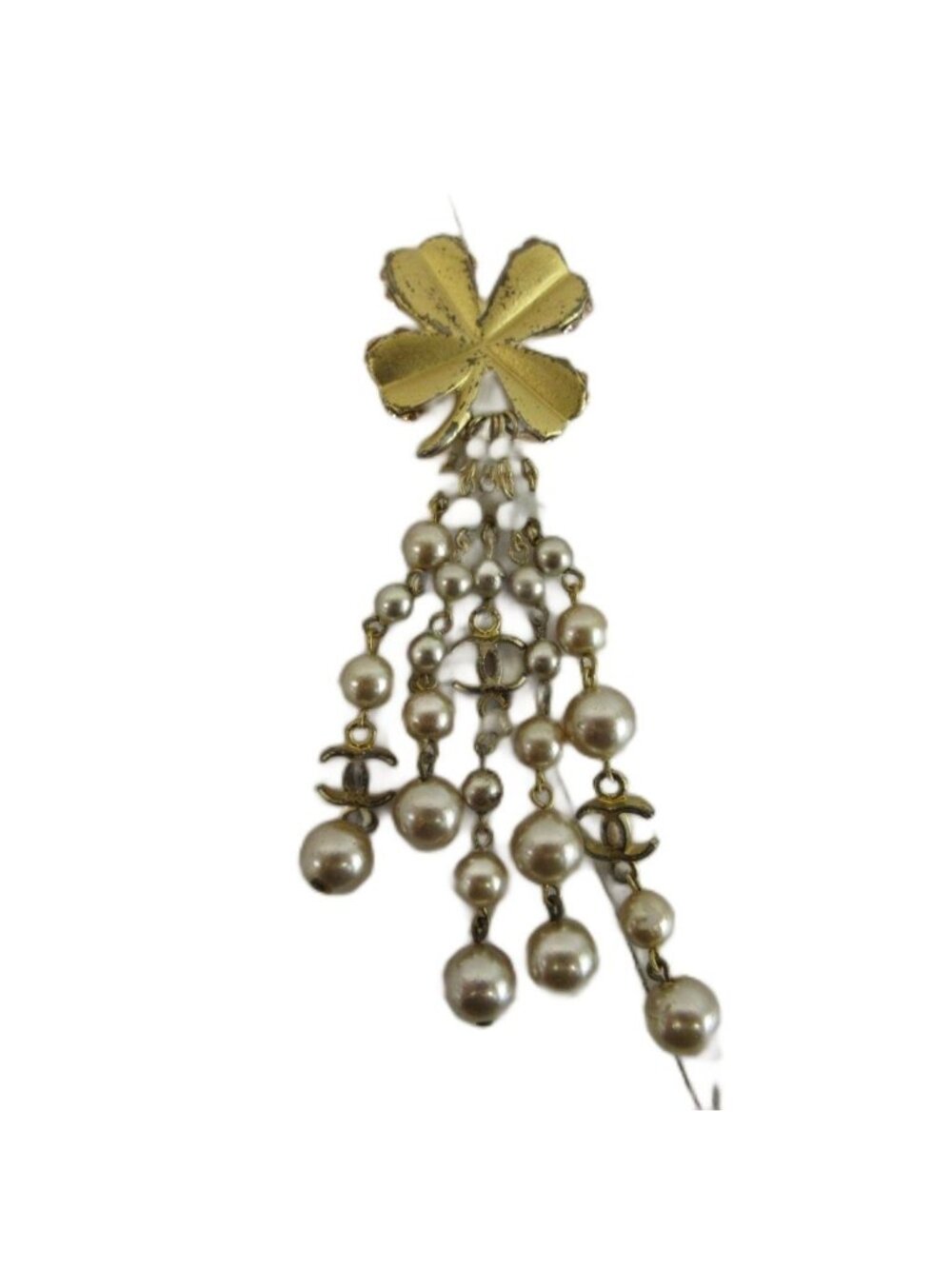 Chanel Brooch CC Logo Clover Faux Pearl Chain Fringe Gold Color